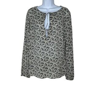Theory Giselle Silk Blouse Large Black White Floral Keyhole Tie Long Sleeve Top